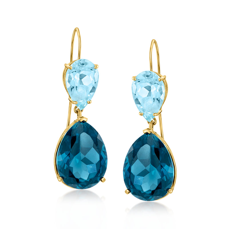 14kt yellow gold drop earrings with blue topaz pear stones and gold earwires