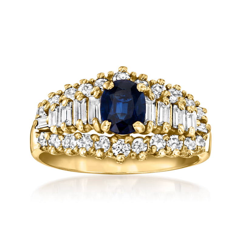 Vintage sapphire and diamond ring in 14kt yellow gold with oval blue center stone