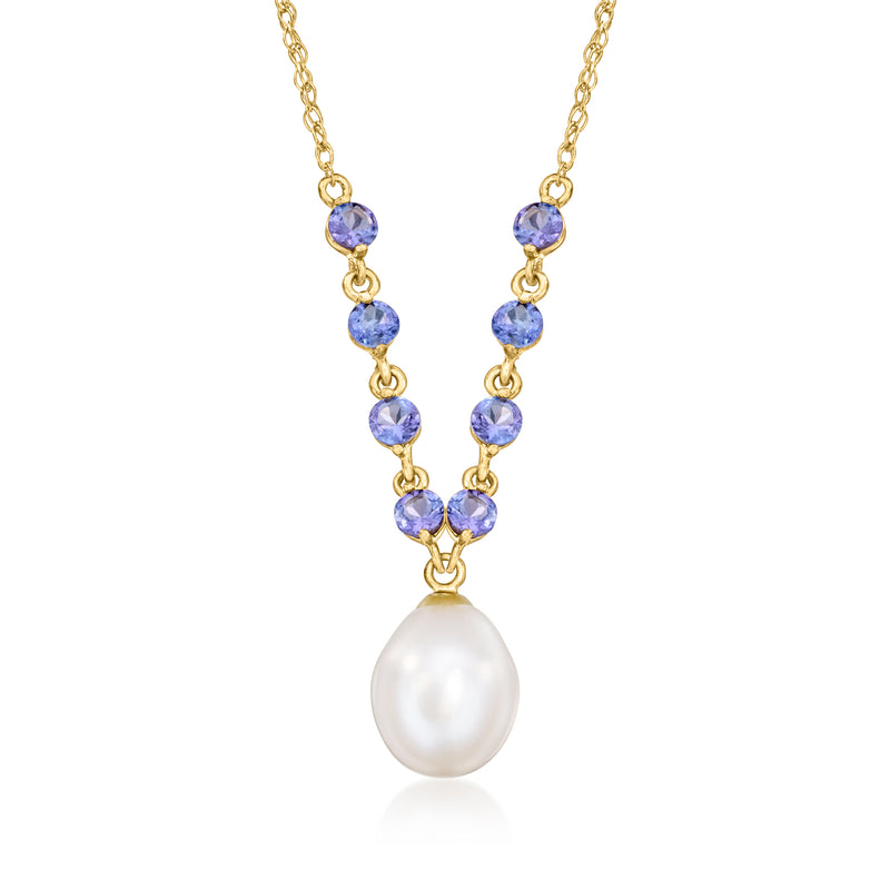 14kt yellow gold necklace with cultured pearl pendant and blue tanzanite beads