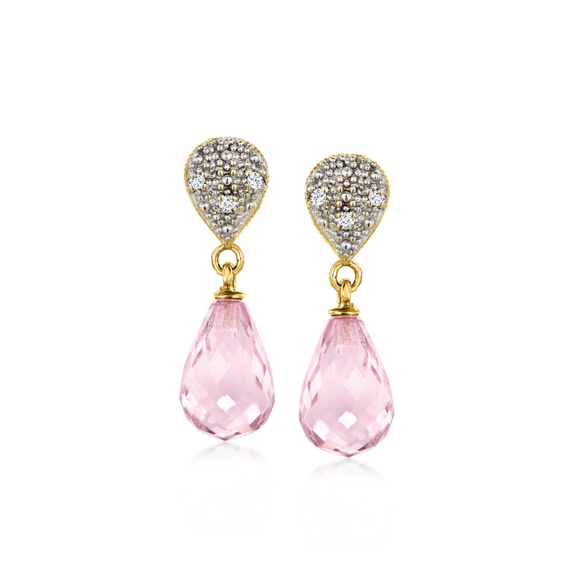 14kt yellow gold drop earrings with pink teardrop gemstones and diamond halos