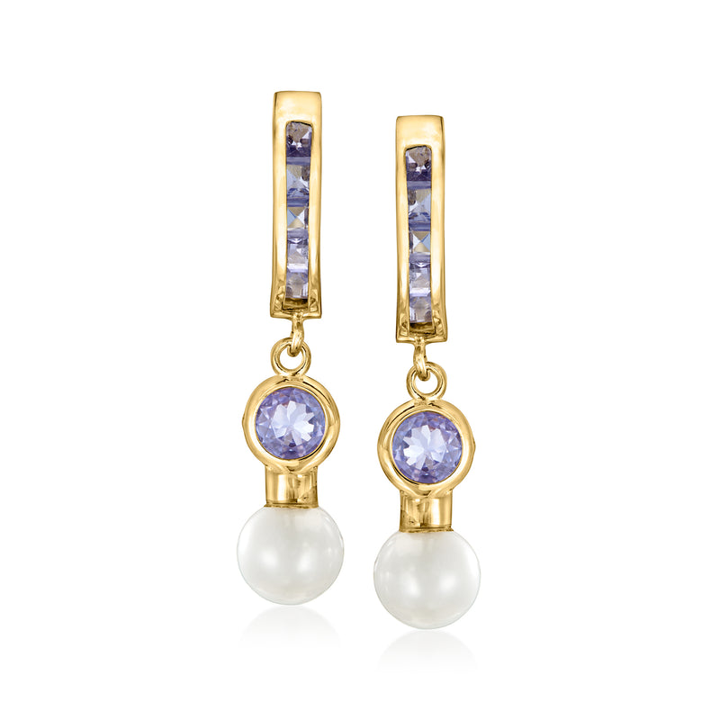 14kt yellow gold hoop drop earrings with tanzanite stones and white cultured pearls