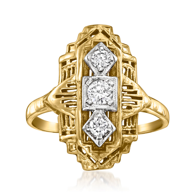 14kt yellow gold three-stone diamond ring with three diamond stones in a vertical setting