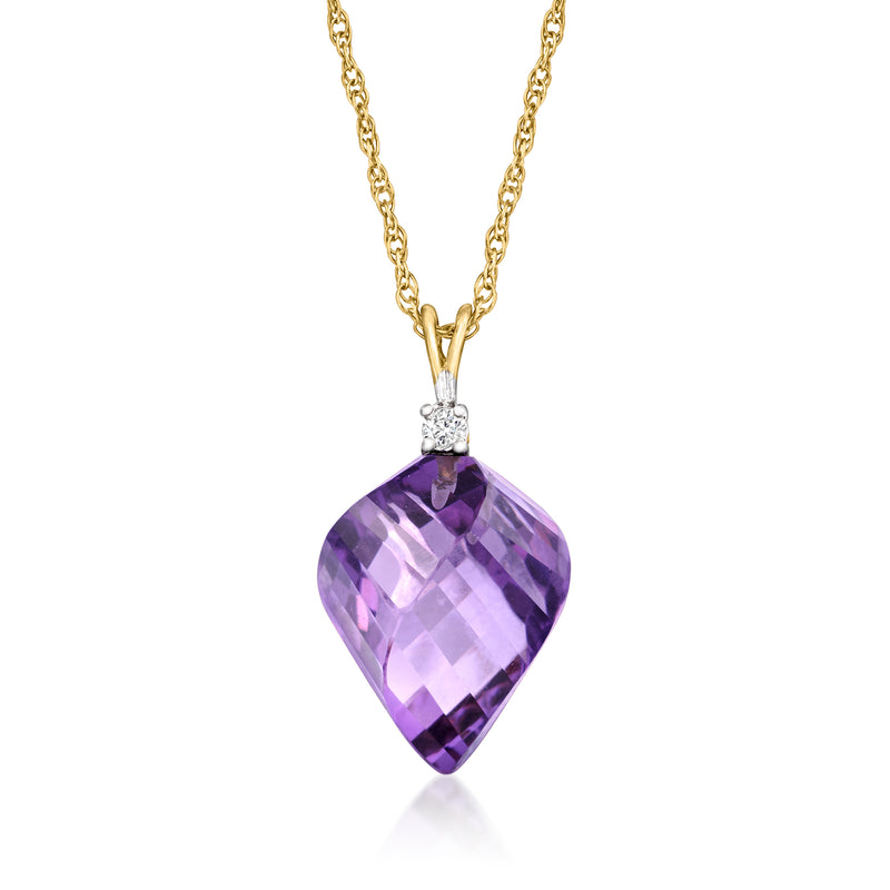 Vintage amethyst pendant necklace in 14kt yellow gold with single diamond accent