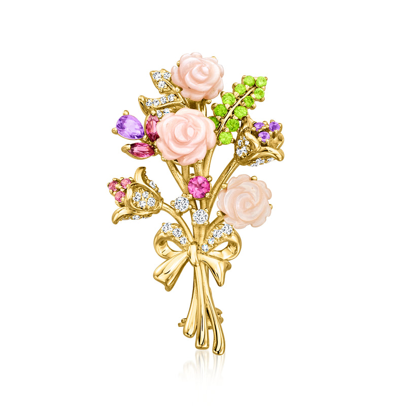 Gold bouquet pendant with pink rose cabochons and purple green gemstones, bow detail.