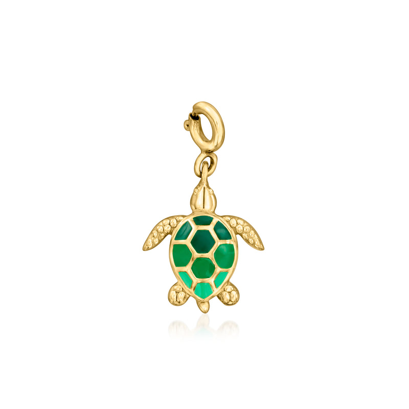 Green enamel turtle charm in gold over sterling with loop and bail detail