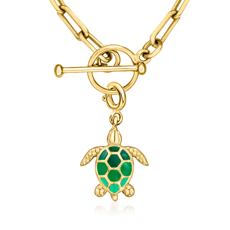 Gold toggle-clasp chain with hanging green enamel turtle charm