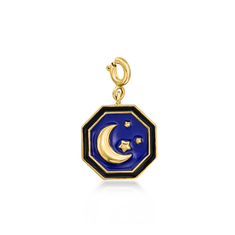 Gold charm with octagonal blue enamel moon and stars, drop-style bail