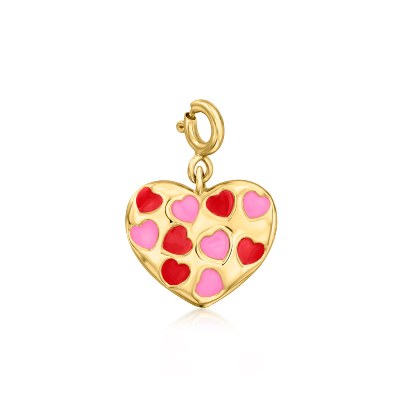 Gold heart charm with pink and red enamel heart cutouts and small hoop bail