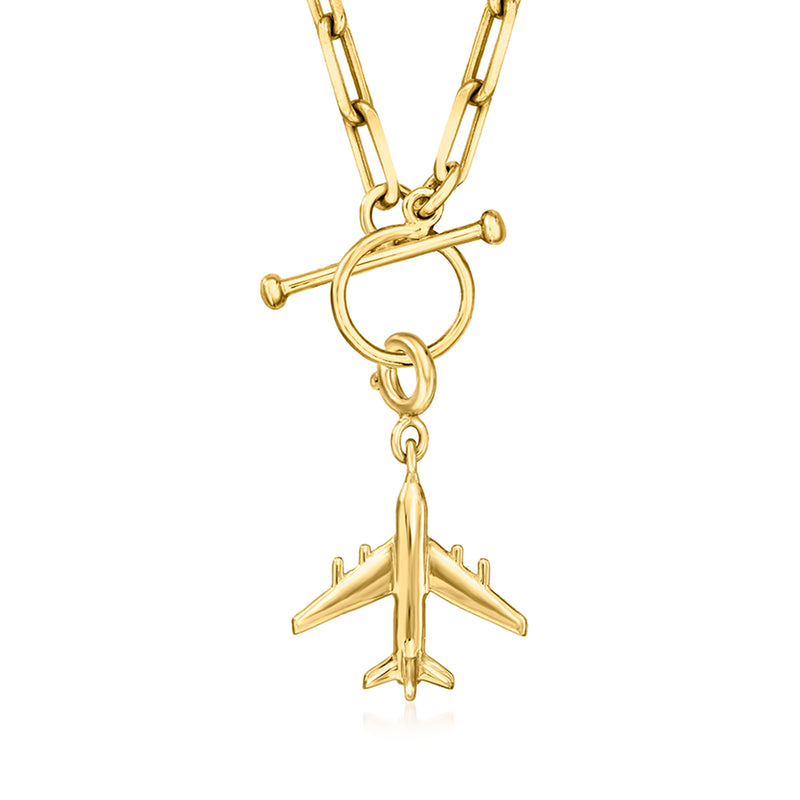 Airplane charm pendant with ring connector and gold chain links, hanging front