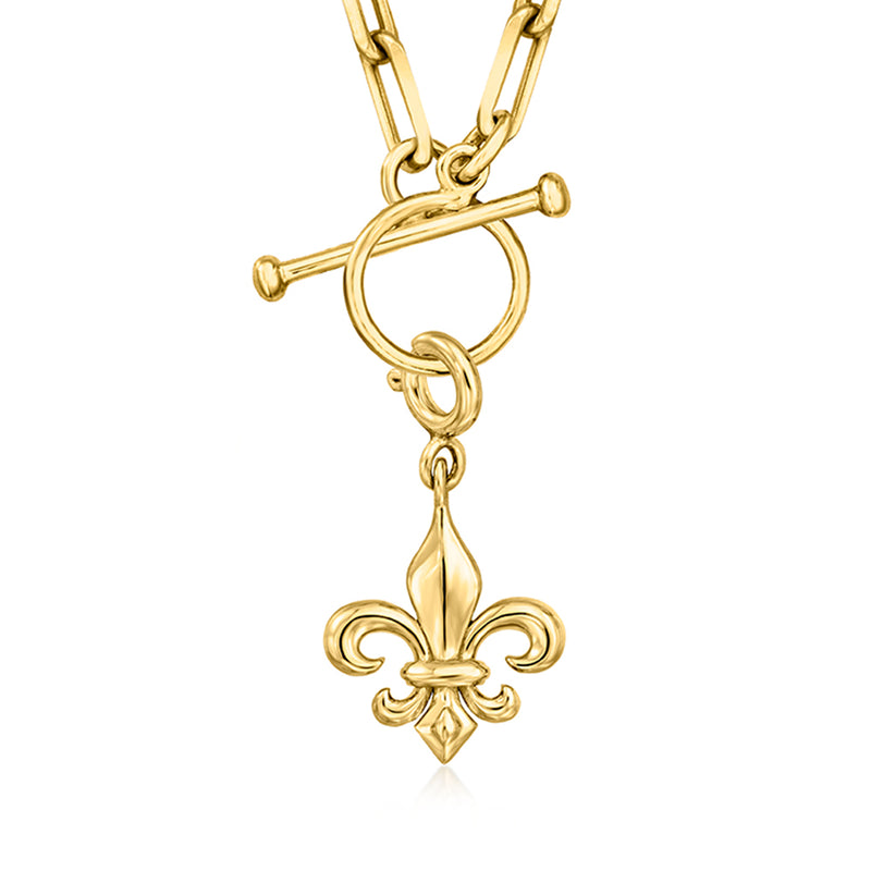 Gold fleur-de-lis charm on chain links, close-up view
