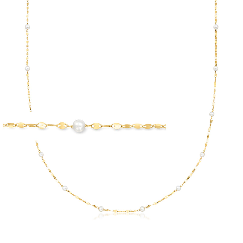 14kt yellow gold cultured pearl station necklace with round white pearls