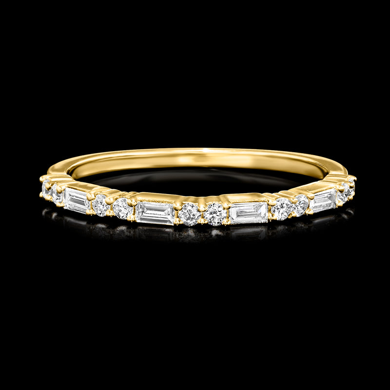 14kt yellow gold diamond ring with baguette and round stones, slim band