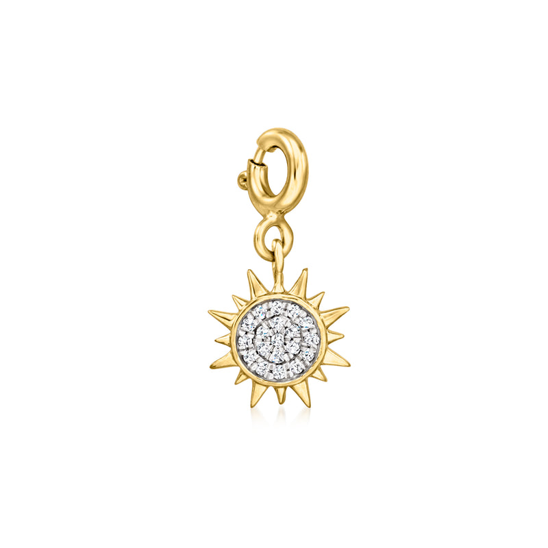 Gold sun charm with round diamond halo and spiked rays, small loop bail