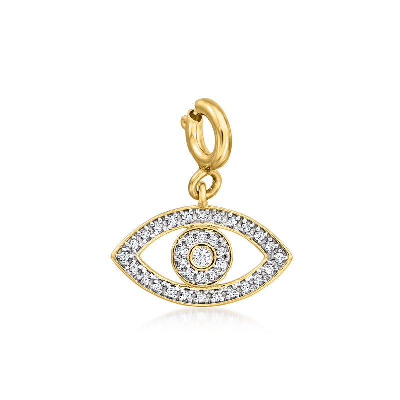Evil eye charm pendant with diamond-look stone border and gold-tone top loop