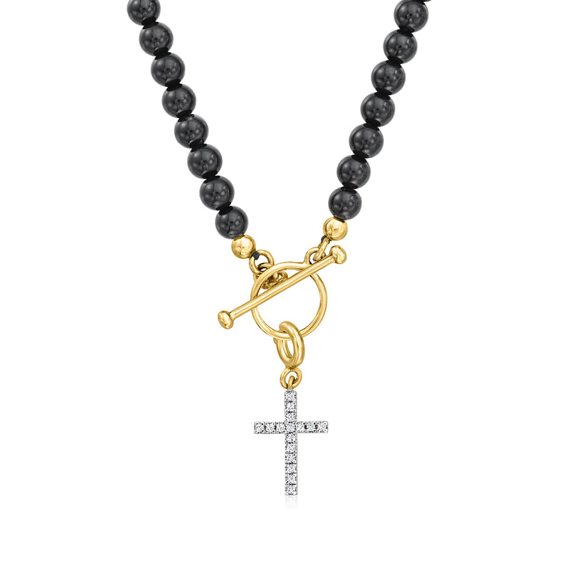 18kt gold over sterling cross charm with diamond accents on black bead chain