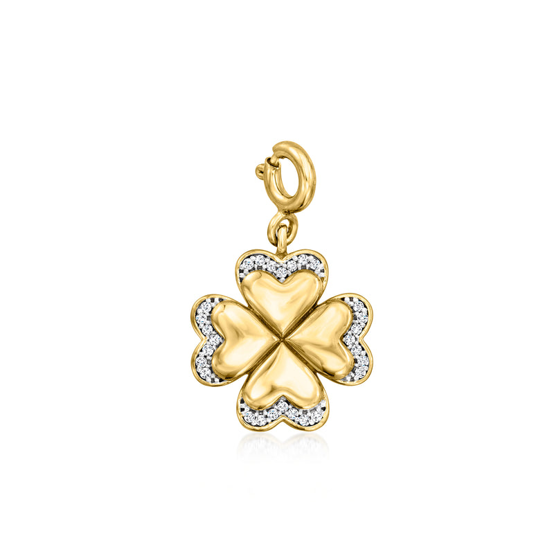 Gold four-leaf clover charm with sparkling white stone border and top loop