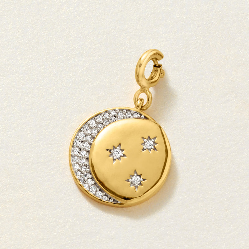 Diamond moon and stars charm in 18kt gold over sterling