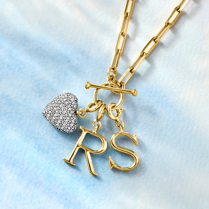 Diamond heart charm in 18kt gold over sterling with R and S initials