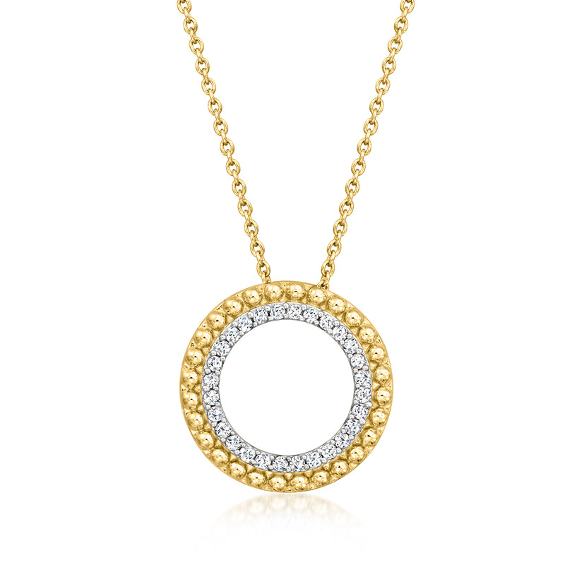 Gold circle pendant necklace with diamond halo beaded edge, on chain