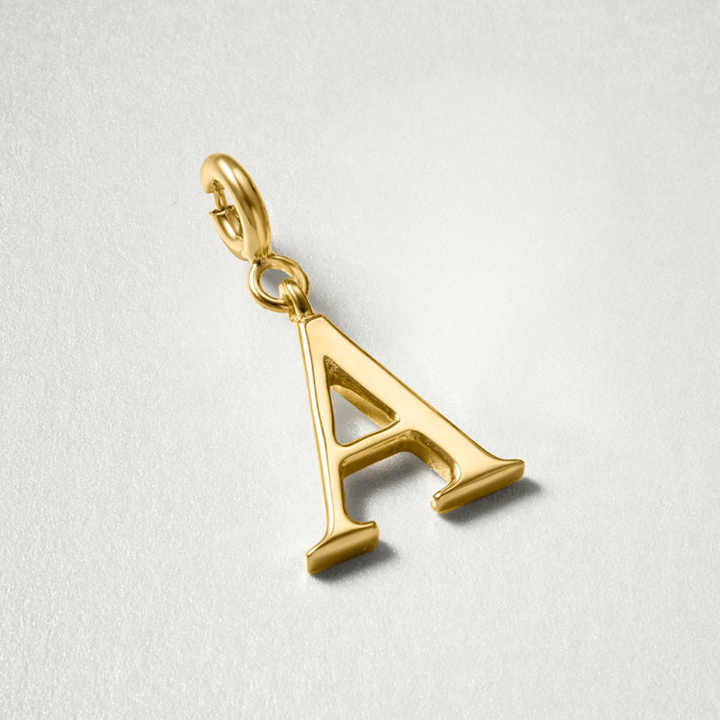 18kt gold over sterling initial charm, letter A with hanging hoop (angled)