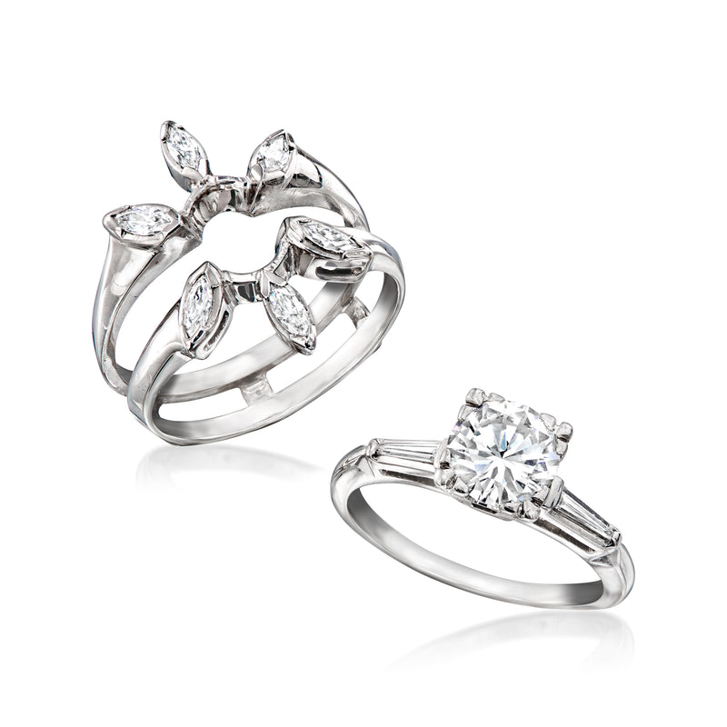 Diamond ring set with floral-style cluster ring and matching solitaire ring in white metal