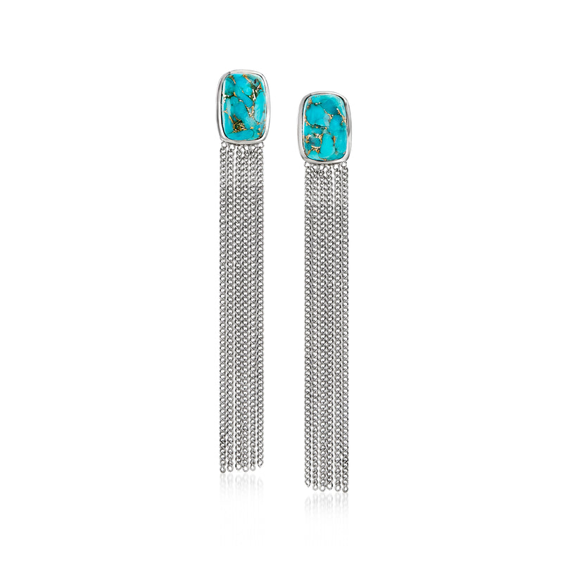 Turquoise cabochon fringe drop earrings in sterling silver, long chain tassels