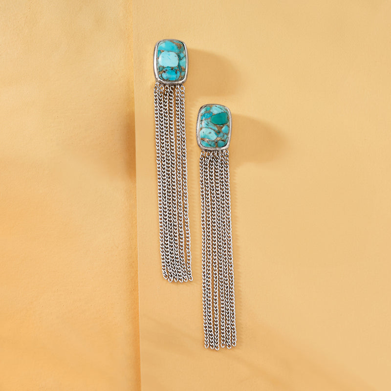 Turquoise cabochon drop earrings with sterling silver chain fringe, dangling
