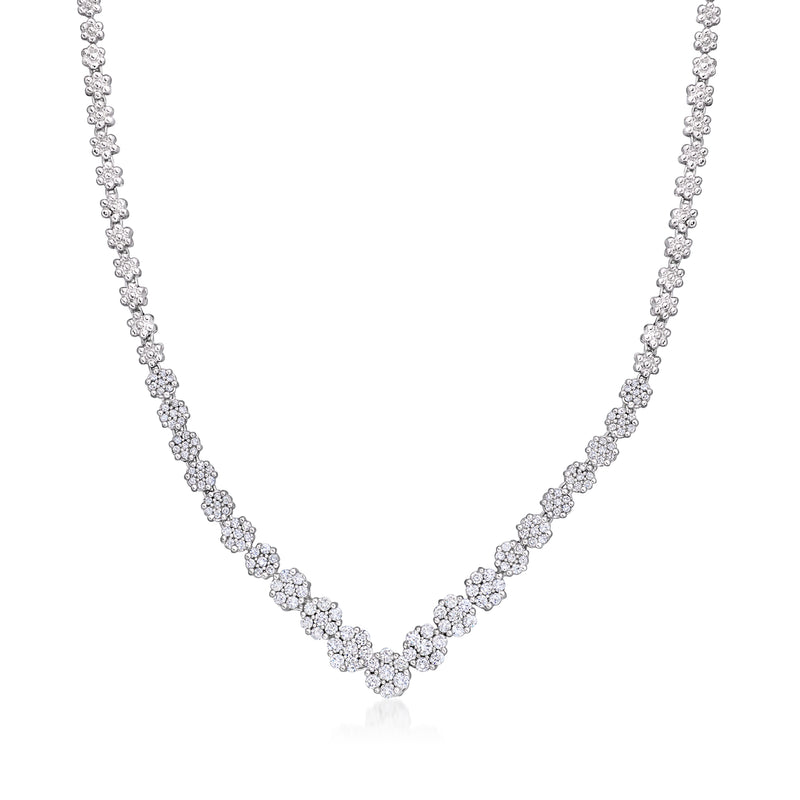 14kt white gold diamond cluster V-necklace with linked round stone drops