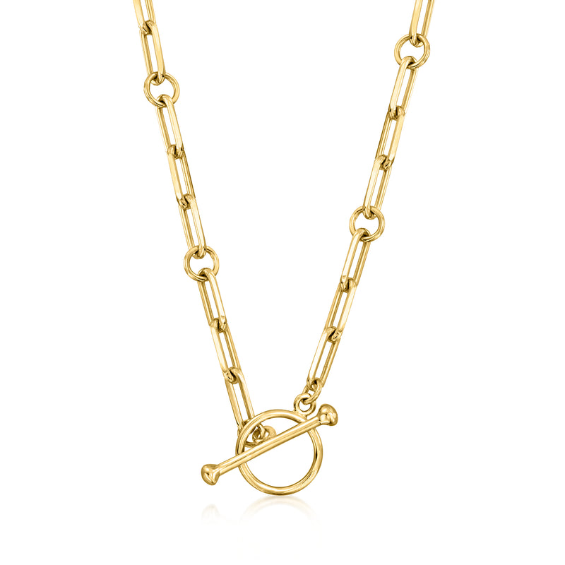 Gold paper-clip link toggle necklace with round clasp, bar and ring
