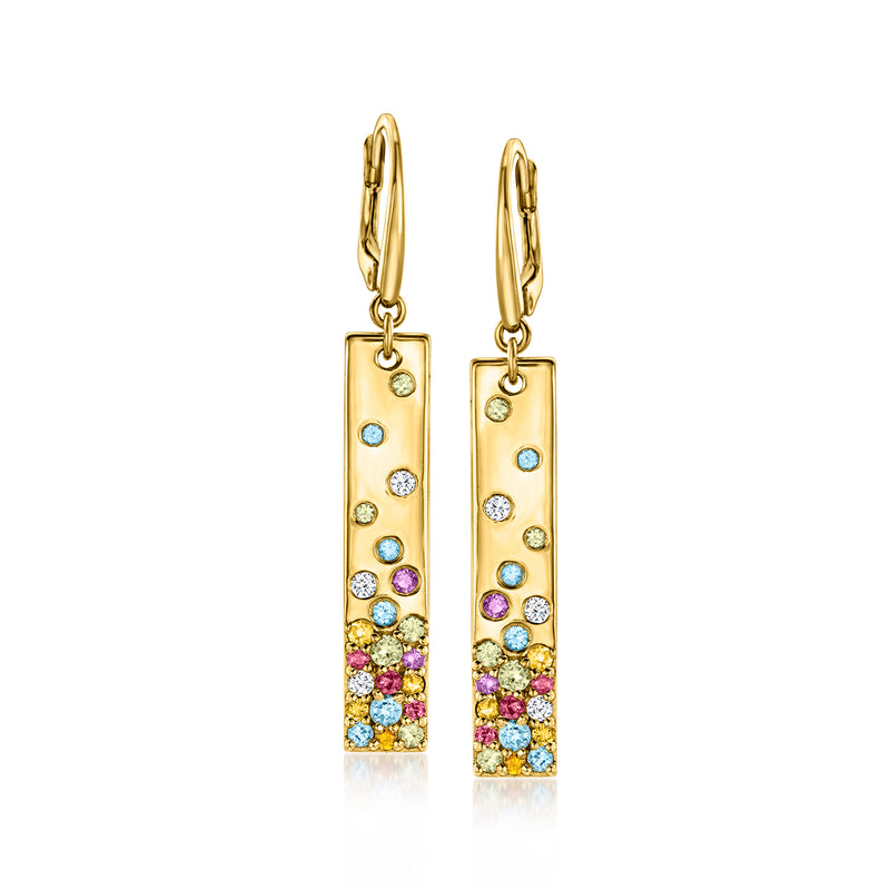 Gold bar drop earrings with multicolor gemstones, leverback closure