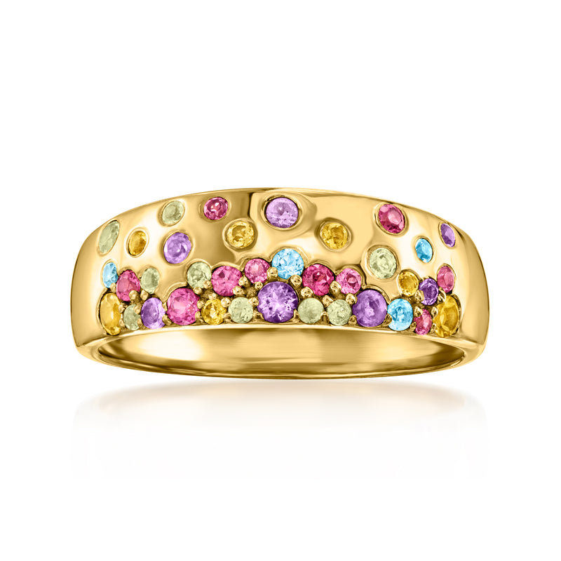 Gold-tone 18kt over sterling ring with scattered multicolor gemstones and domed band