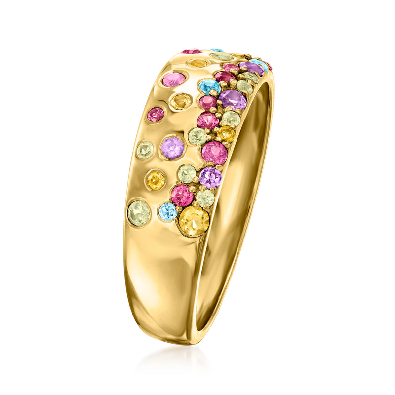 Gold-tone band ring with side view of scattered multicolor gemstones