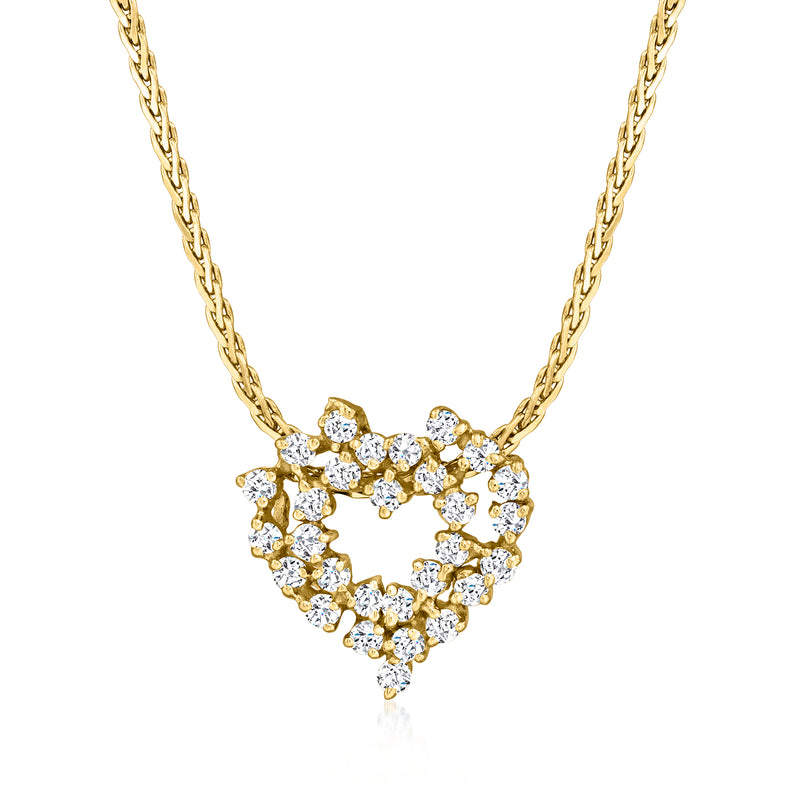 14kt yellow gold heart diamond pendant necklace with round stone cluster