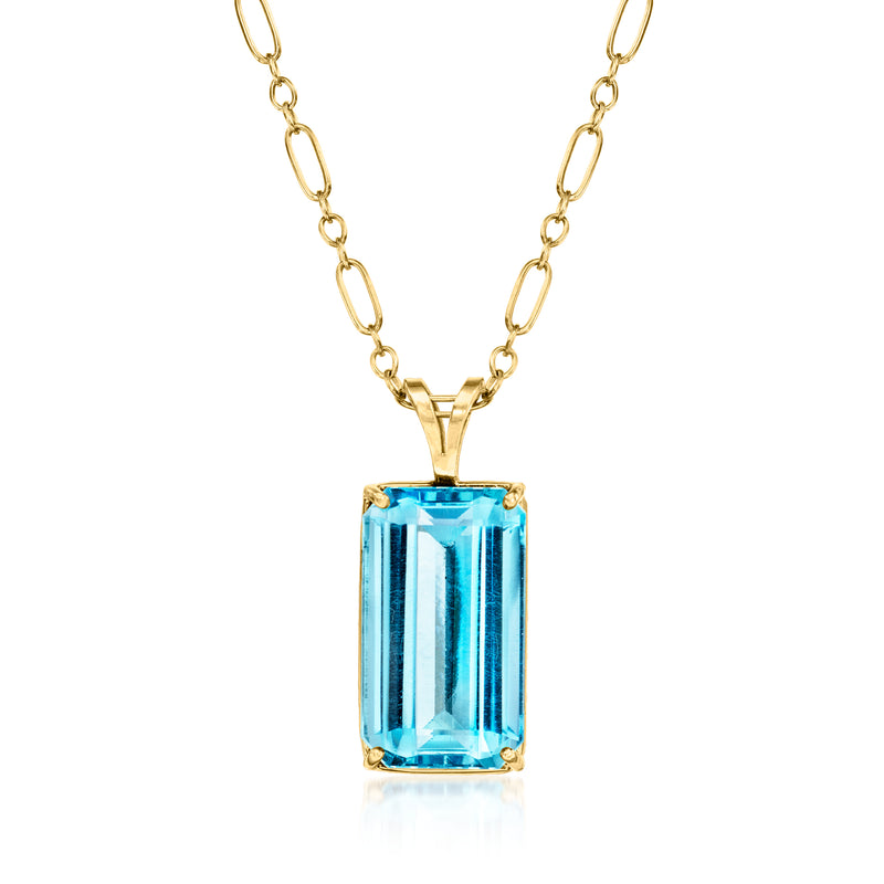 14kt yellow gold pendant necklace with rectangular Swiss blue topaz gemstone