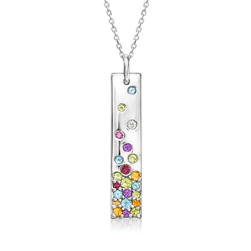Sterling silver bar pendant with multicolor gemstones