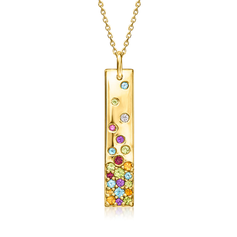 Gold bar pendant necklace with multicolor gemstones and small round blue accents