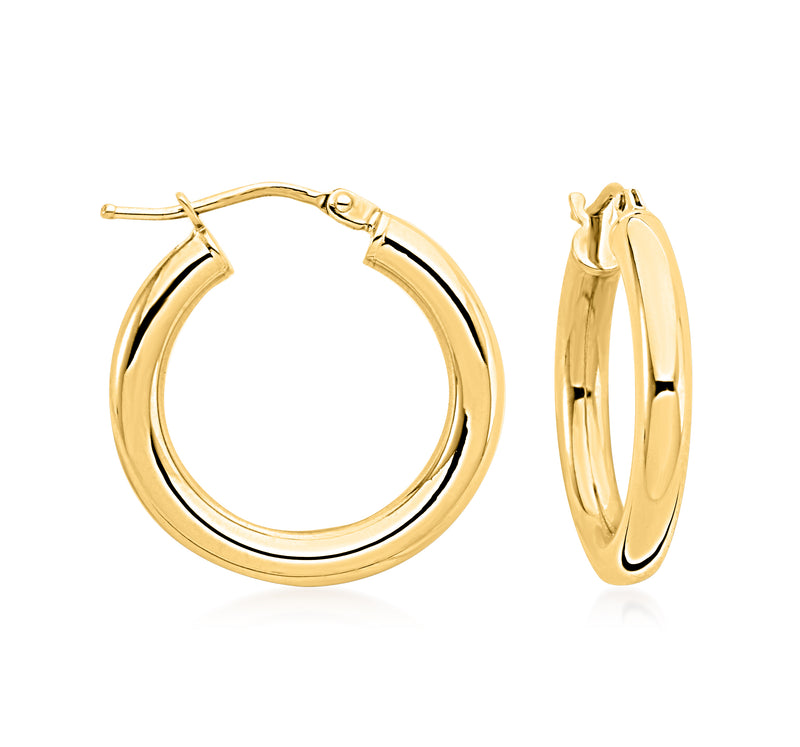 Yellow gold hoop earrings with hinged clasp, polished round profile