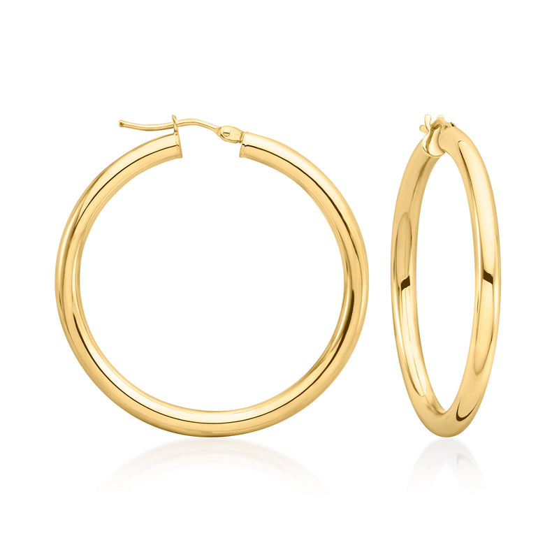 Yellow gold hoop earrings, round 14kt style with hinged clasp