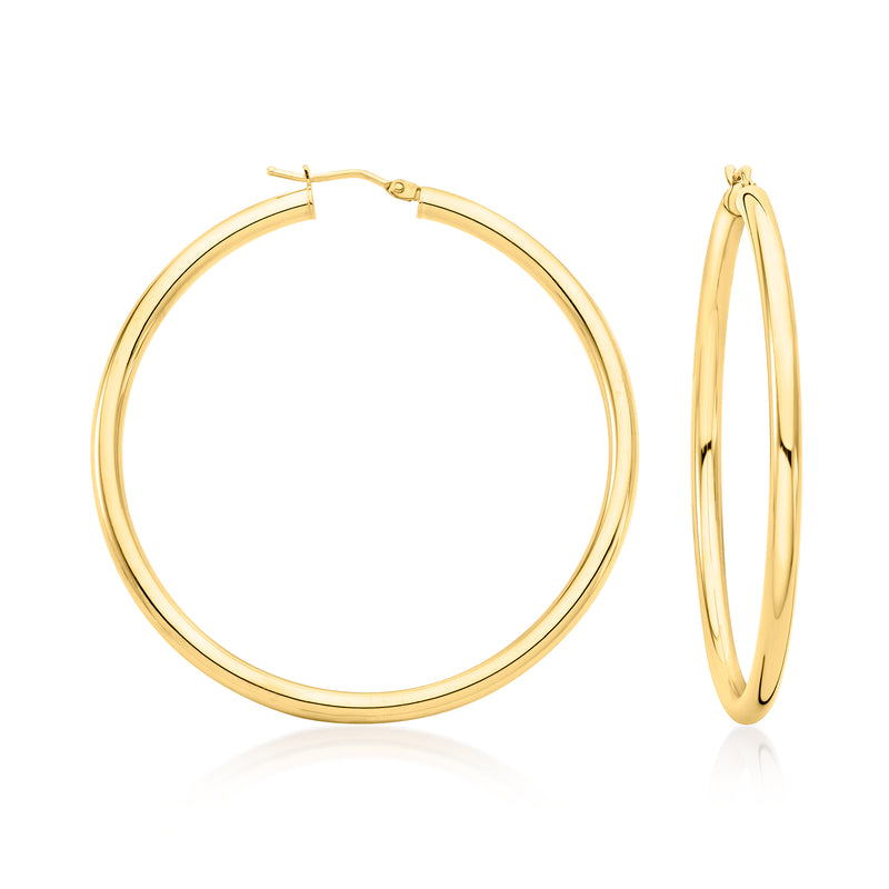 14kt yellow gold hoop earrings, thin 3mm round hoop with hinged clasp