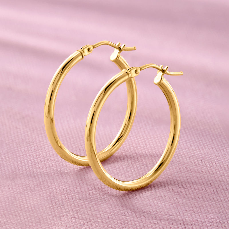 14kt yellow gold hoop earrings, polished round hoops with latch