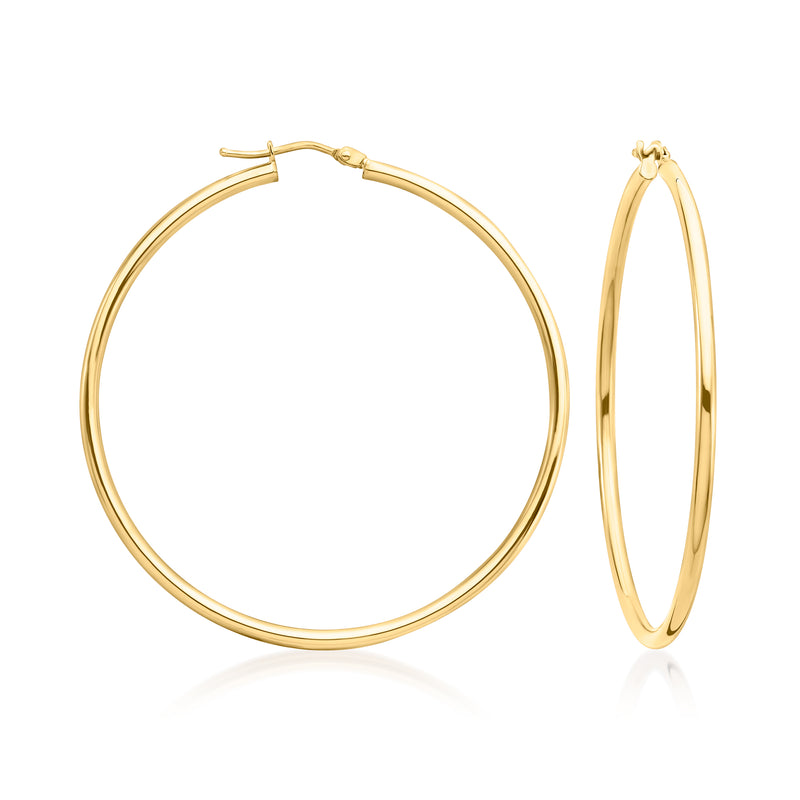 14kt yellow gold hoop earrings with thin circular profile and hinged clasp