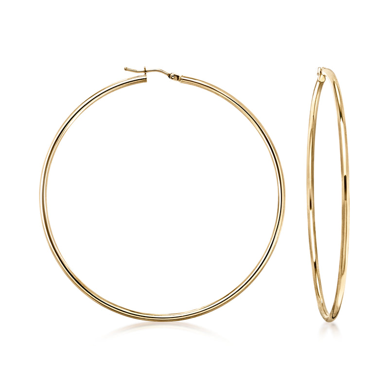 Yellow gold hoop earrings, round 14kt finish with hinged clasp, pair