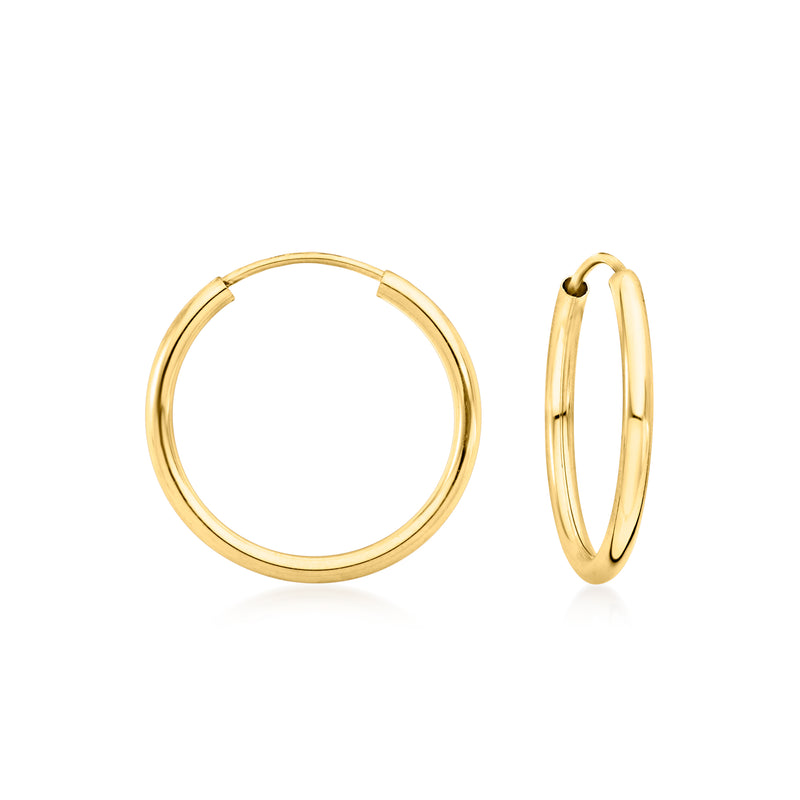 14kt yellow gold endless hoop earrings, thin round hoops