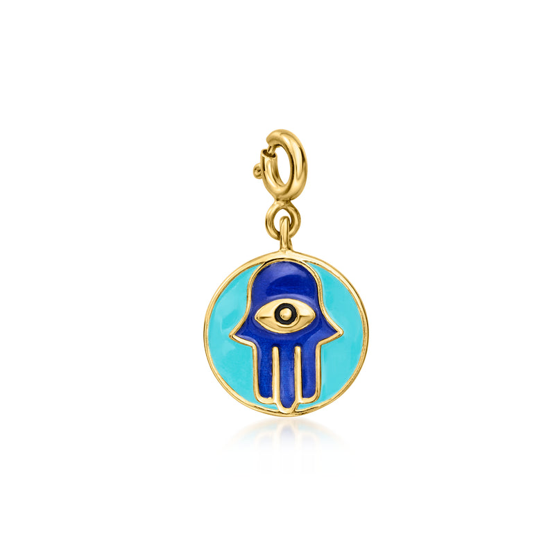 Gold charm pendant with blue enamel hamsa hand-eye motif on a ring bail