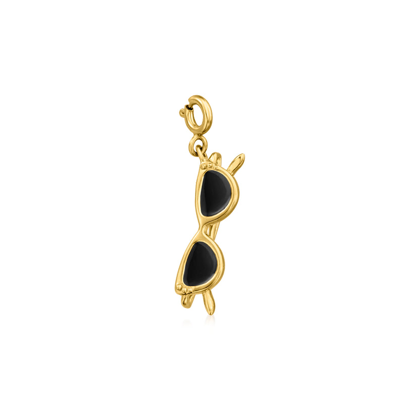 Black enamel sunglasses charm with gold loops and heart-shaped pendant
