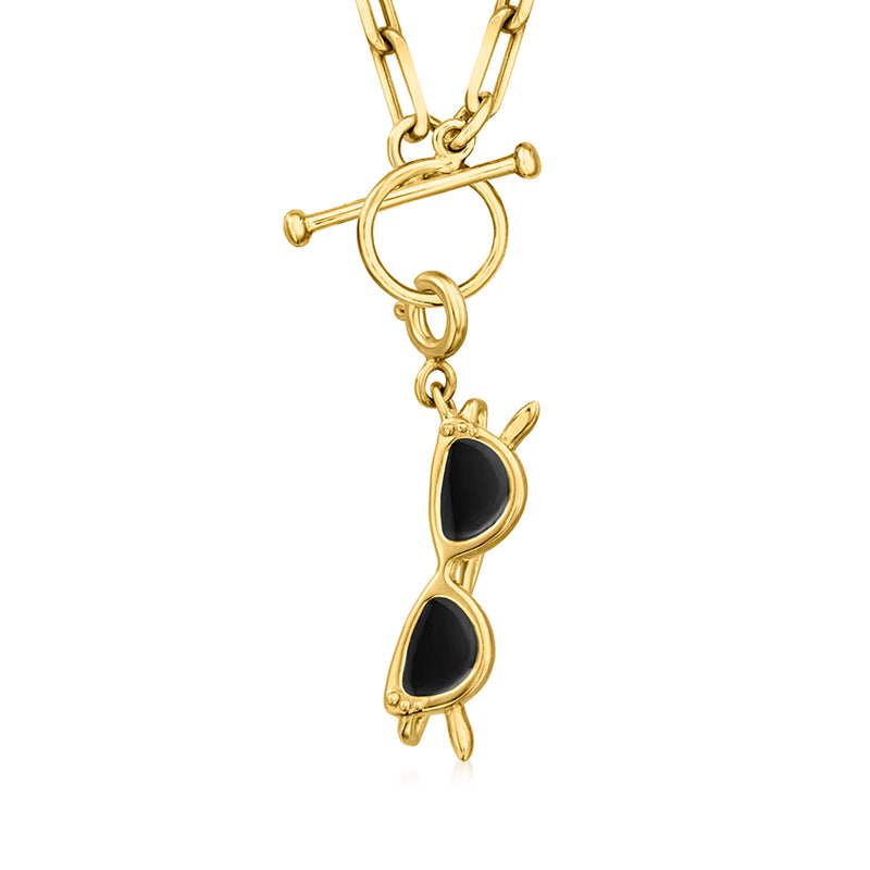 Black enamel heart sunglasses charm on gold chain with connecting links