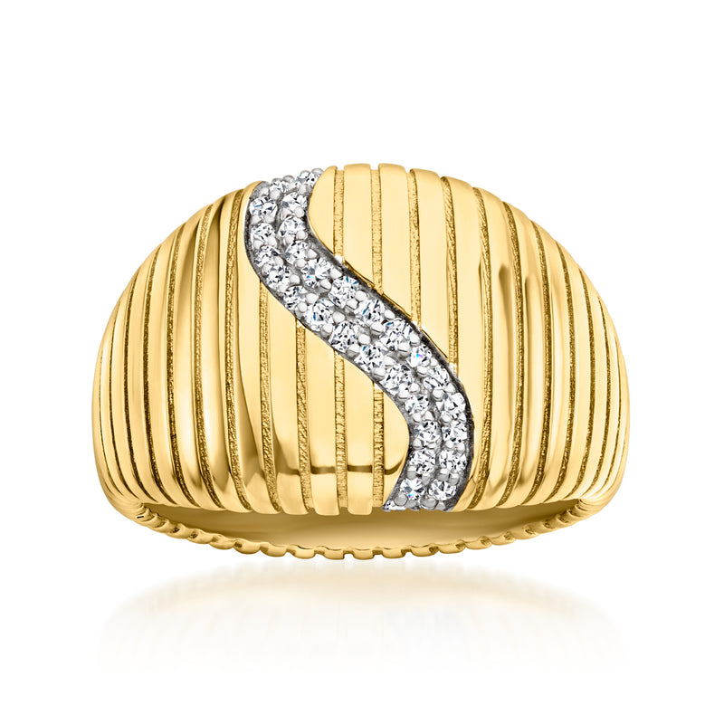 Gold ridged wave diamond ring with silver-toned pave center
