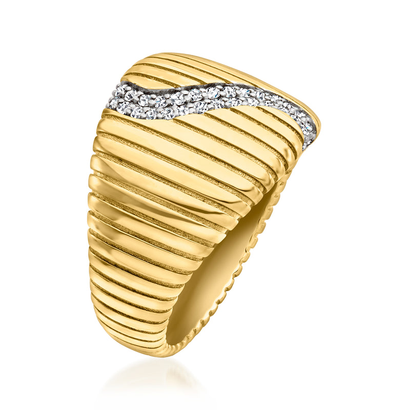 Gold ridged wave diamond ring with raised diamond bar across