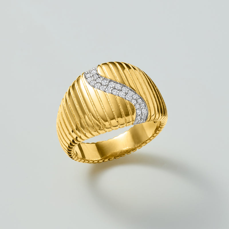 Gold wave diamond ring, curved ridged band with pave diamond inlay