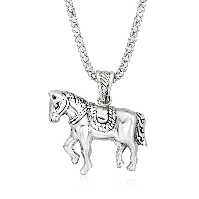 Sterling silver horse pendant necklace with Bali-style textured horse charm and link chain